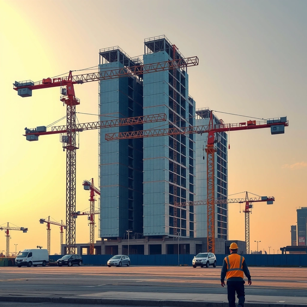 Modern construction site with cranes and building structures