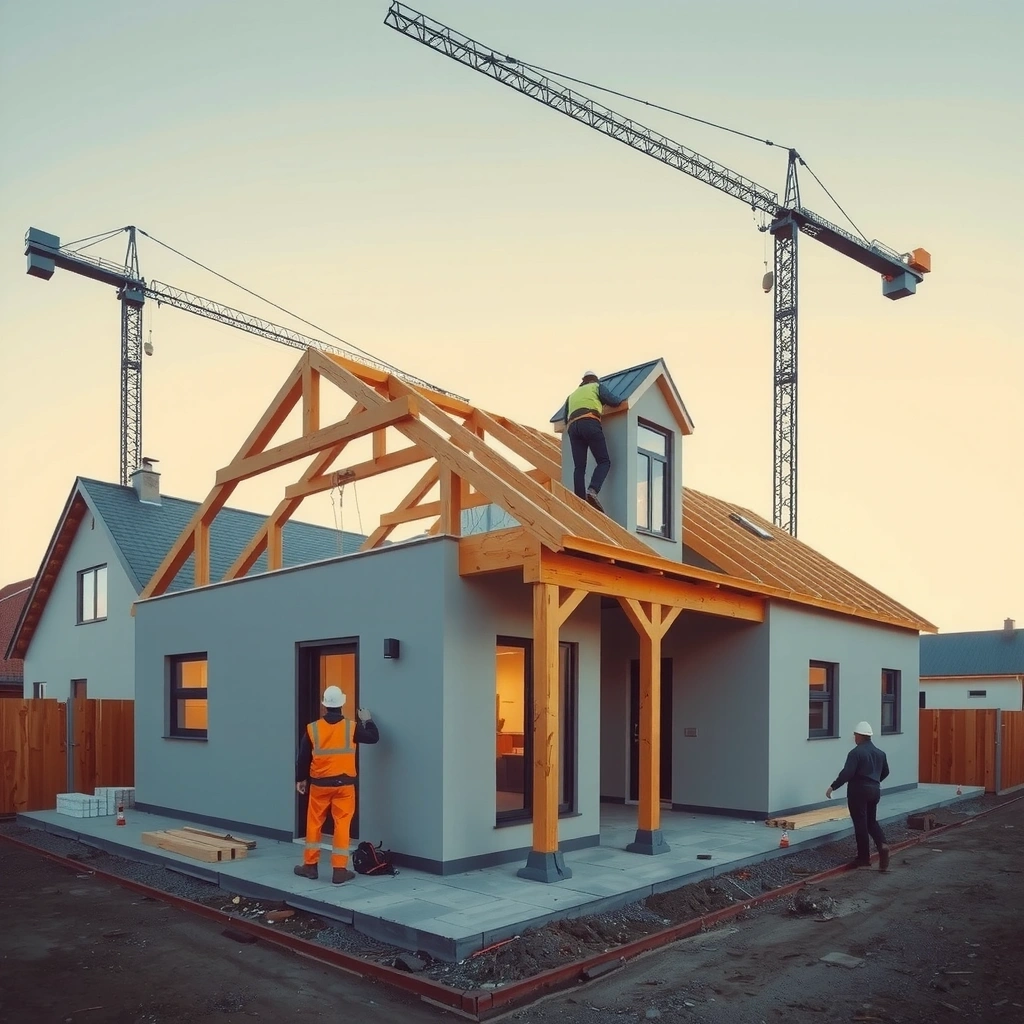Modern residential house under construction with workers