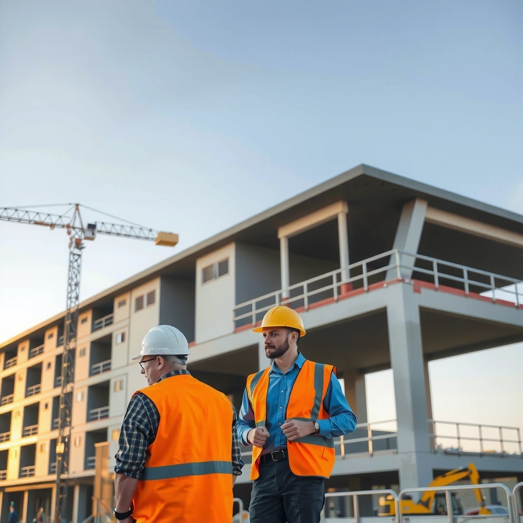 Professional construction team working on modern building project